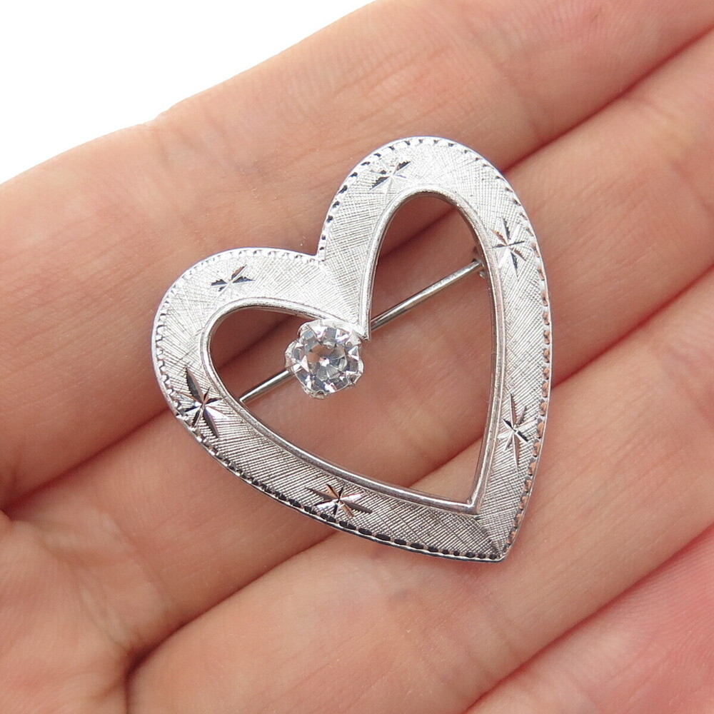 MARVEL 925 Sterling Silver Vintage Rhinestone Heart Pin Brooch